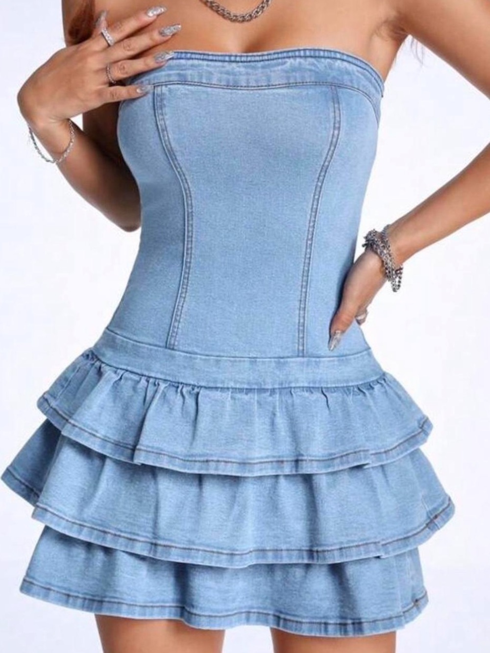 Strapless Light Blue Denim Ruffle Mini Dress